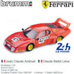 Modelauto 1:43 | Brumm R213 | Ferrari 512BB LM | Scuderia Charles Pozzi 1980 #47 - J.Andruet - C.Ballot Léna Modelauto 1:43 | Brumm R213 | Ferrari 512BB LM | Scuderia Charles Pozzi 1980 #47 - J.Andruet - C.Ballot Léna