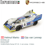 Modelauto 1:43 | Brumm R252B | Porsche 917K | Scuderia Martini Racing 1971 #4 - G.van Lennep - H.Marko Modelauto 1:43 | Brumm R252B | Porsche 917K | Scuderia Martini Racing 1971 #4 - G.van Lennep - H.Marko