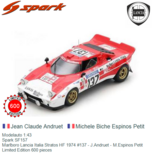 Modelauto 1:43 | Spark SF157 | Marlboro Lancia Italia Stratos HF 1974 #137 - J.Andruet - M.Espinos Petit Modelauto 1:43 | Spark SF157 | Marlboro Lancia Italia Stratos HF 1974 #137 - J.Andruet - M.Espinos Petit