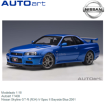 Modelauto 1:18 | Autoart 77408 | Nissan Skyline GT-R (R34) V-Spec II Bayside Blue 2001 Modelauto 1:18 | Autoart 77408 | Nissan Skyline GT-R (R34) V-Spec II Bayside Blue 2001