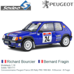 Modelauto 1:18 | Solido 1801711 | Concessionnaires Peugeot France 205 Rally PRS 1990 #24 - R.Bourcier - B.Fragin Modelauto 1:18 | Solido 1801711 | Concessionnaires Peugeot France 205 Rally PRS 1990 #24 - R.Bourcier - B.Fragin