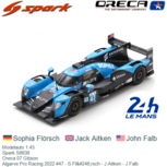 Modelauto 1:43 | Spark S8639 | Oreca 07 Gibson | Algarve Pro Racing 2022 #47 - S.Flörsch - J.Aitken - J.Falb Modelauto 1:43 | Spark S8639 | Oreca 07 Gibson | Algarve Pro Racing 2022 #47 - S.Flörsch - J.Aitken - J.Falb
