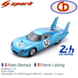 Modelauto 1:43 | Spark S4596 | Automobiles CD SP66 Peugeot 1966 #52 - A.Bertaut - P.Lelong Modelauto 1:43 | Spark S4596 | Automobiles CD SP66 Peugeot 1966 #52 - A.Bertaut - P.Lelong