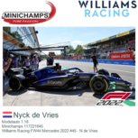 Modelauto 1:18 | Minichamps 117221645 | Williams Racing FW44 Mercedes 2022 #45 - N.de Vries Modelauto 1:18 | Minichamps 117221645 | Williams Racing FW44 Mercedes 2022 #45 - N.de Vries