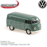 Modelauto 1:43 | Minichamps 940052200 | Volkswagen T1 Kastenwagen TURQUOISE 1963 Modelauto 1:43 | Minichamps 940052200 | Volkswagen T1 Kastenwagen TURQUOISE 1963