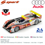 Modelauto 1:18 | Spark 18LM08 | Audi Sport North America R10 2008 #2 - T.Kristensen - A.Mc Nish - R.Capello Modelauto 1:18 | Spark 18LM08 | Audi Sport North America R10 2008 #2 - T.Kristensen - A.Mc Nish - R.Capello