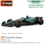 Modelauto 1:43 | Bburago 18-38091A | Aston Martin Aramco Cognizant F1 Team AMR23 2023 #14 - F.Alonso Modelauto 1:43 | Bburago 18-38091A | Aston Martin Aramco Cognizant F1 Team AMR23 2023 #14 - F.Alonso